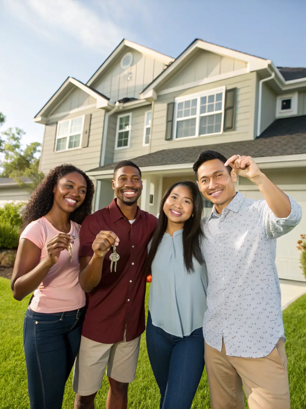 A diverse group of people standing in front of their homes, representing the inclusive lending practices of JayD Financial LLC.
