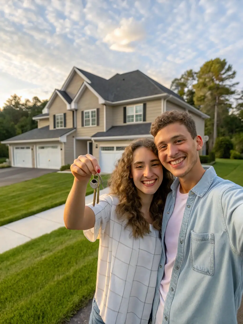 A happy young couple receiving keys to their new home, symbolizing the joy of first-time homeownership facilitated by JayD Financial LLC.