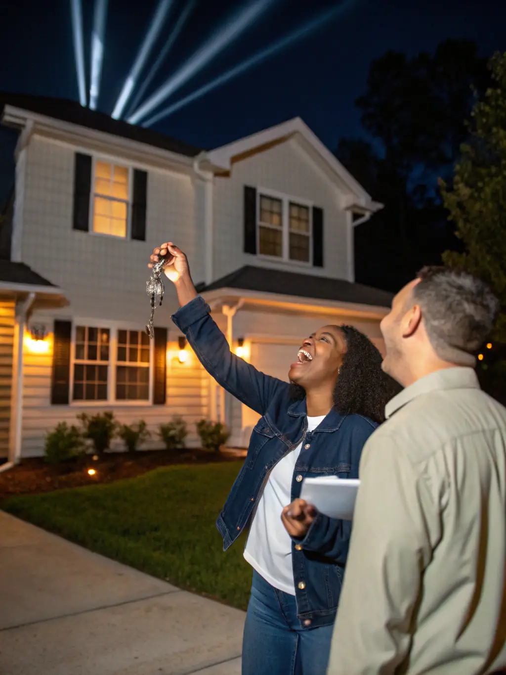A photo of a young couple receiving keys to their new home, symbolizing the joy of first-time homeownership facilitated by JayD Financial LLC.