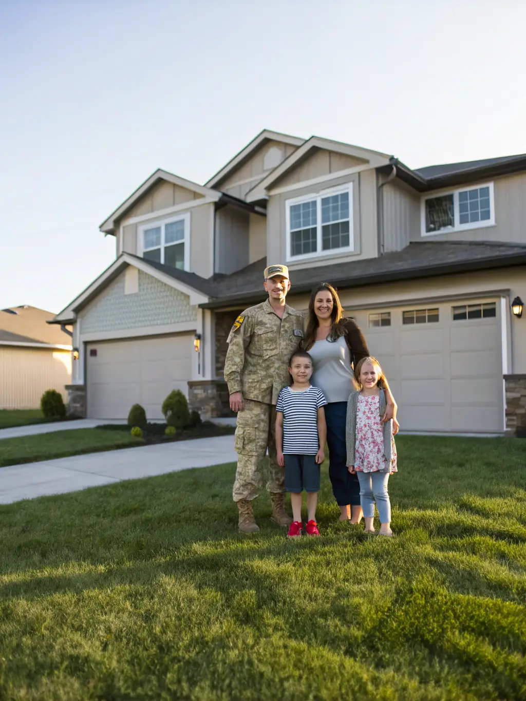 A picture of a veteran family standing proudly in front of their home, emphasizing JayD Financial LLC's commitment to VA loan services.