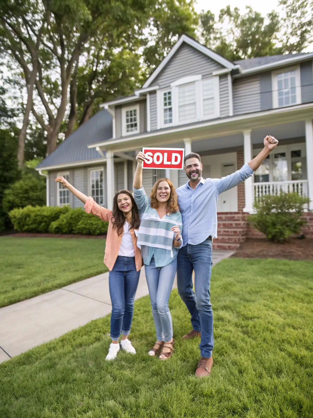 A family happily placing a 'sold' sign in front of their new home, representing the joy of homeownership and the importance of saving for a down payment. The image is for the 'Expert Tips for First-Time Buyers' section on JayD Financial LLC's website.