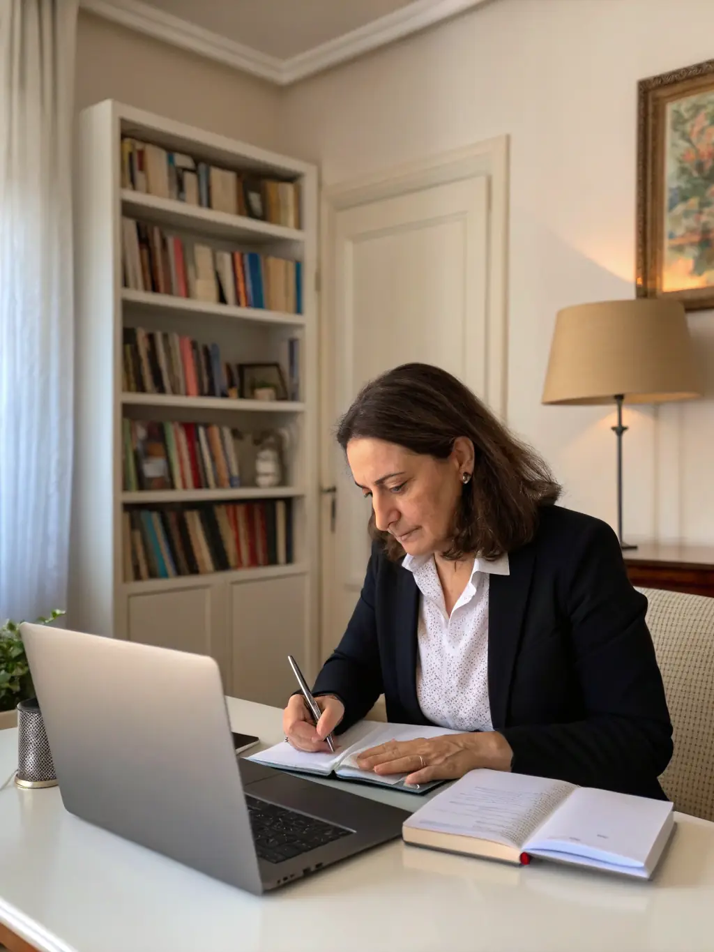 A clear, professional headshot of a young professional organizing documents in a well-lit home office, symbolizing preparation for a mortgage application.