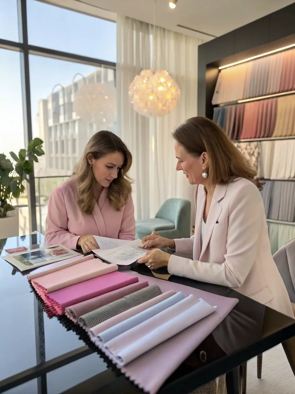 An interior designer showing different design options to a young couple in their new home, representing the importance of property selection. The image is for the 'Expert Tips for First-Time Buyers' section on JayD Financial LLC's website.