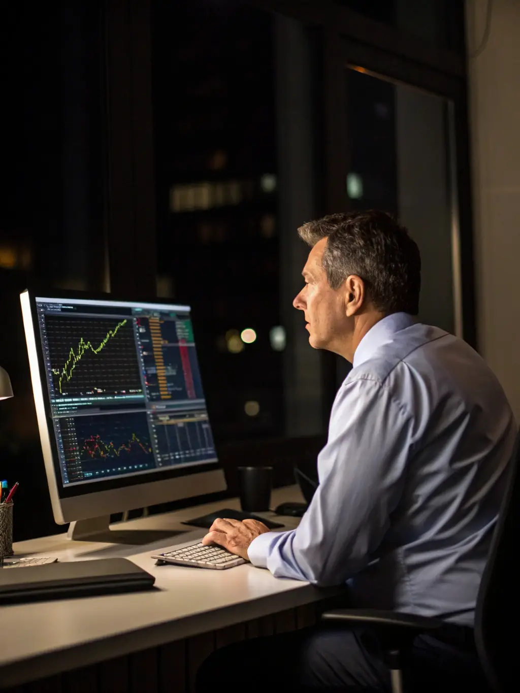 A photo of a business owner reviewing financial documents at a modern office desk, emphasizing the importance of business records for mortgage approval.