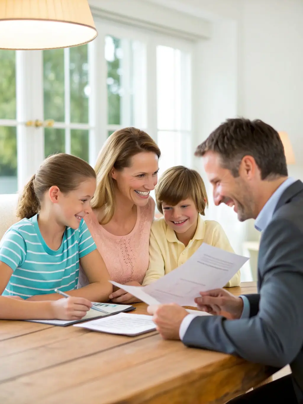 An image of a family looking at property documents together at their dining table, highlighting the need for identification and legal documents.